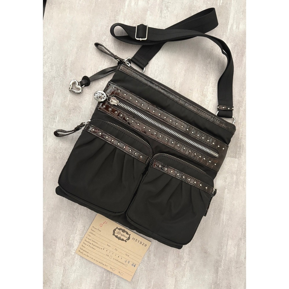 Brighton Crossbody Bag Nylon Leather Studded Black Medium Pockets Reg Card